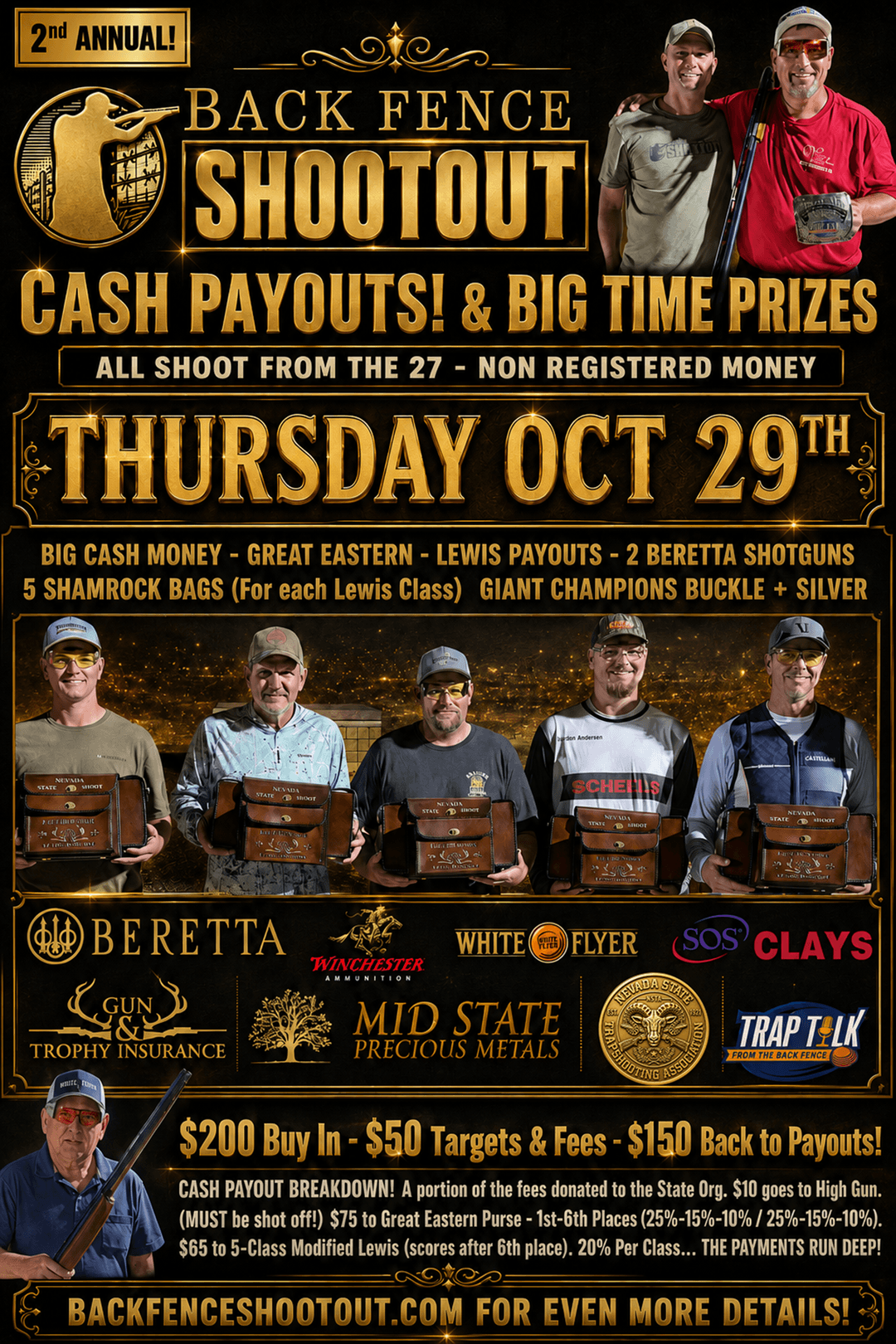 Beretta, Gun & Trophy Insurance, Winchester / White Flyer, Mid State Precious Metals, SOS Clays, Trap Talk, NSTA — full sponsor ad for Back Fence Shootout