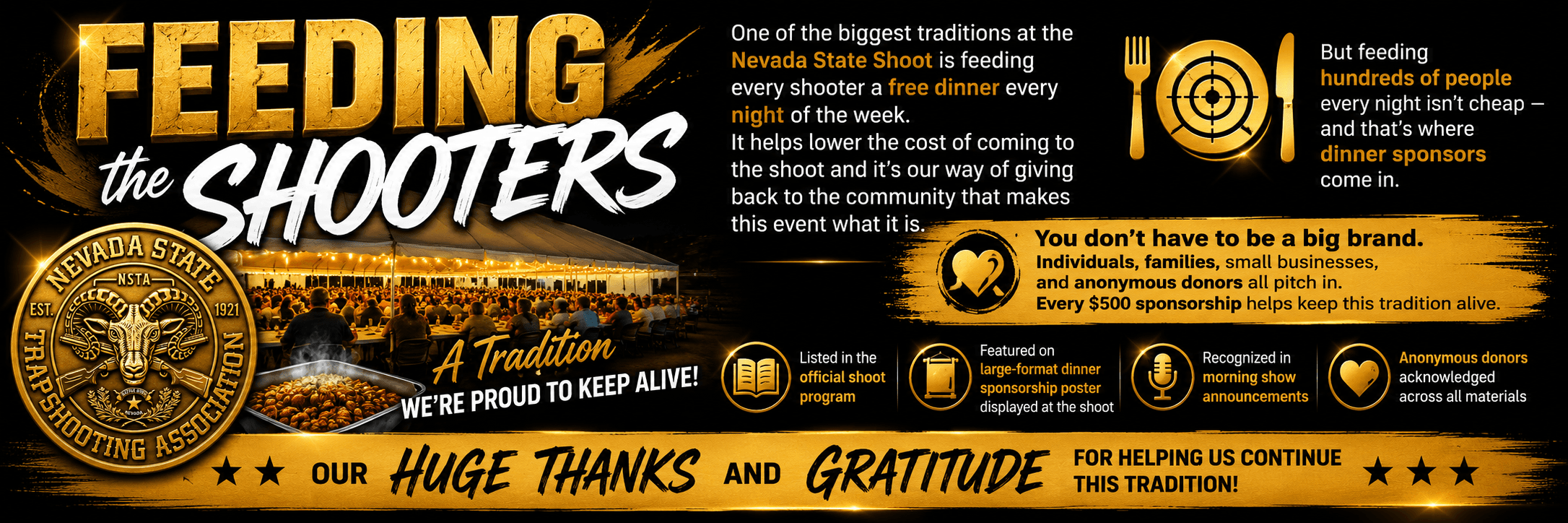 Feeding the Shooters — free dinner every night of the week, a Nevada State Shoot tradition supported by dinner sponsors.