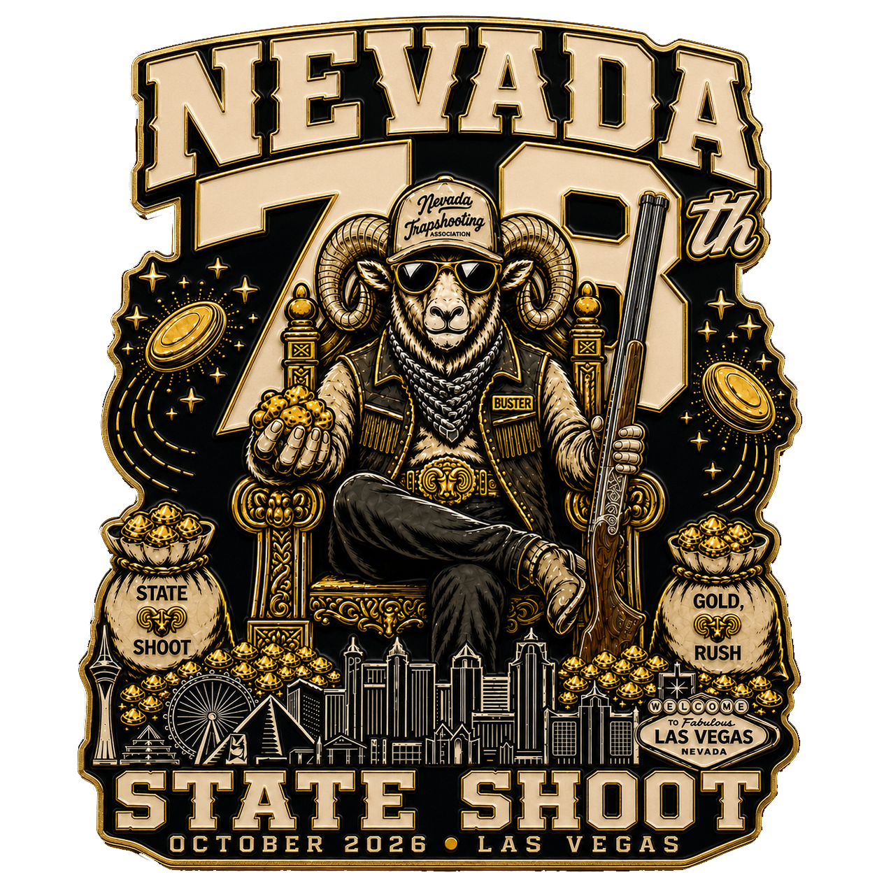 78th Nevada State Shoot official logo — Buster the ram on the throne, Gold Rush, October 2026, Las Vegas