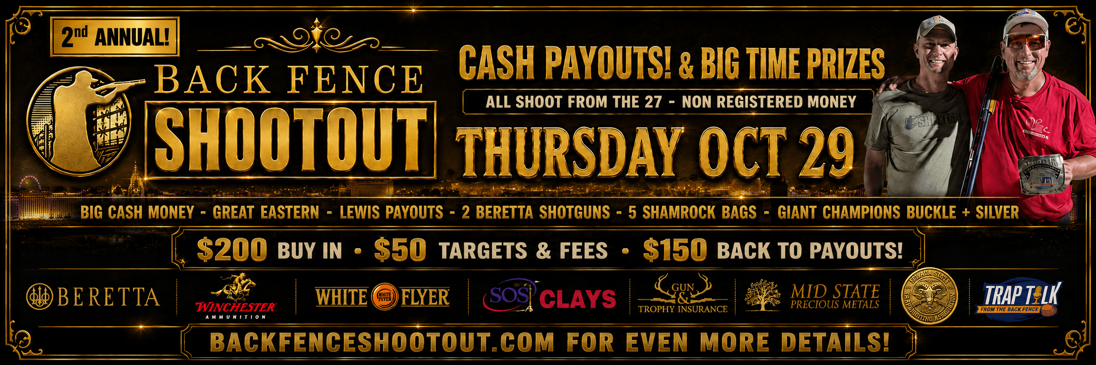 Beretta, Gun & Trophy Insurance, Winchester / White Flyer, Mid State Precious Metals, SOS Clays, Trap Talk, NSTA — Event sponsor banner